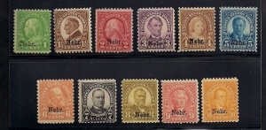 US #669-79 1¢ - 10¢ NEBR. Ovpts, Complete set, og, NH, F/VF, Scott $530.50