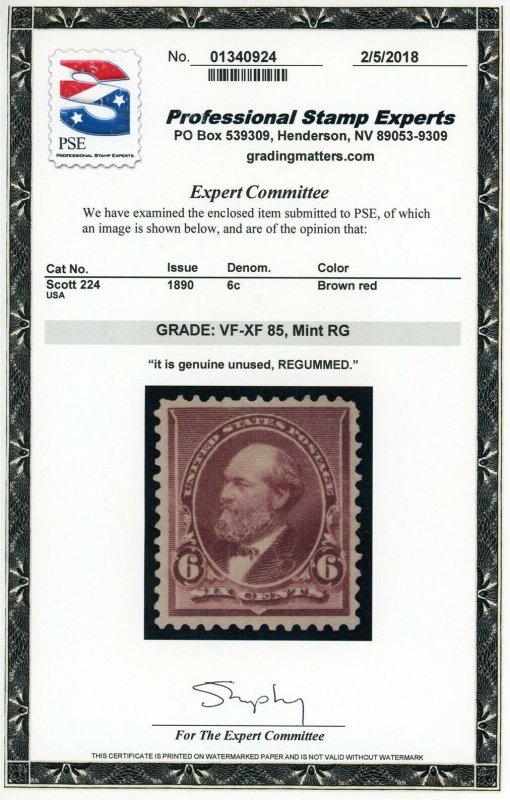 US Stamp #224 Garfield 6c, PSE Cert VF-XF 85, Mint RG - SMQ - $375.00 
