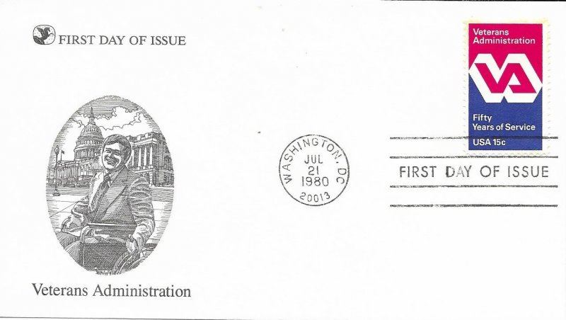 1980 FDC, #1825, 15c Veterans Administration, 4 diff. cachets