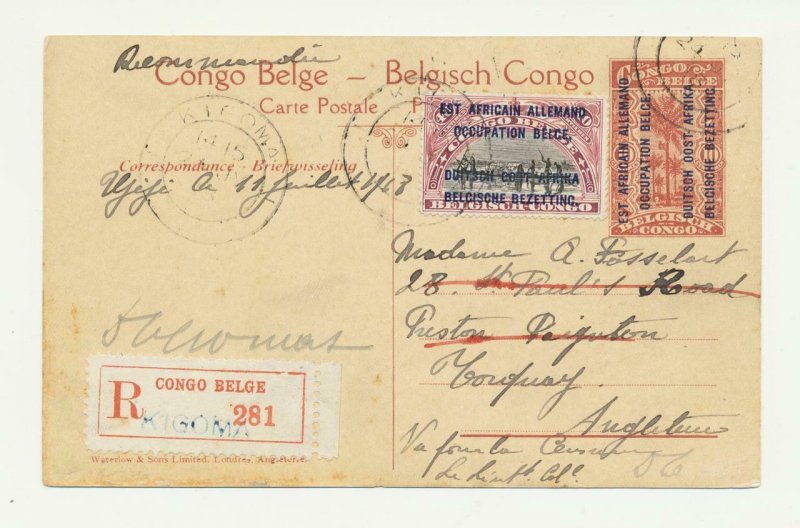 GERMAN EAST AFRICA BELGIAN OCCUPATION 1918 REGISTERED CARD KIGOMA-UK,40+10c RATE