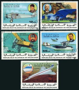 Mauritania 367-371,372,CTO. History of Aviation,1977.Charles Lindbergh,Concorde,