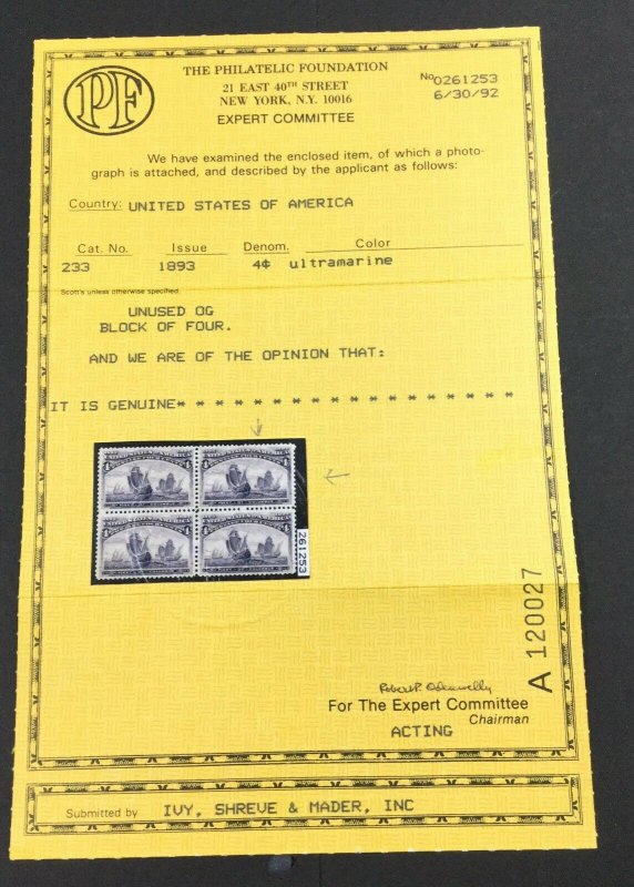 MOMEN: US STAMPS #233 MINT OG NH XF **PF & APS CERTS** LOT #36486