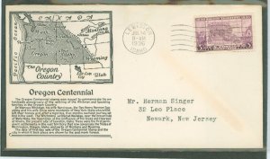 US 783 1936 3c Oregon Centennial on an addressed (typed) FDC with a Lewiston Idaho cancel and an Anderson cachet