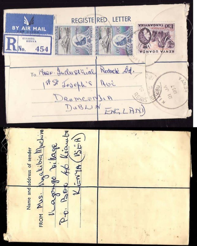 Kenya registered letter to Ireland - Kiambu , Kenya - 21 Ja 1957- registration l