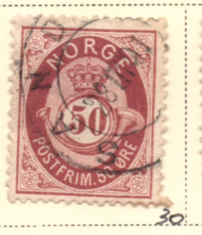 Norway Sc 30 1877 50 ore maroon Post Horn stamp used