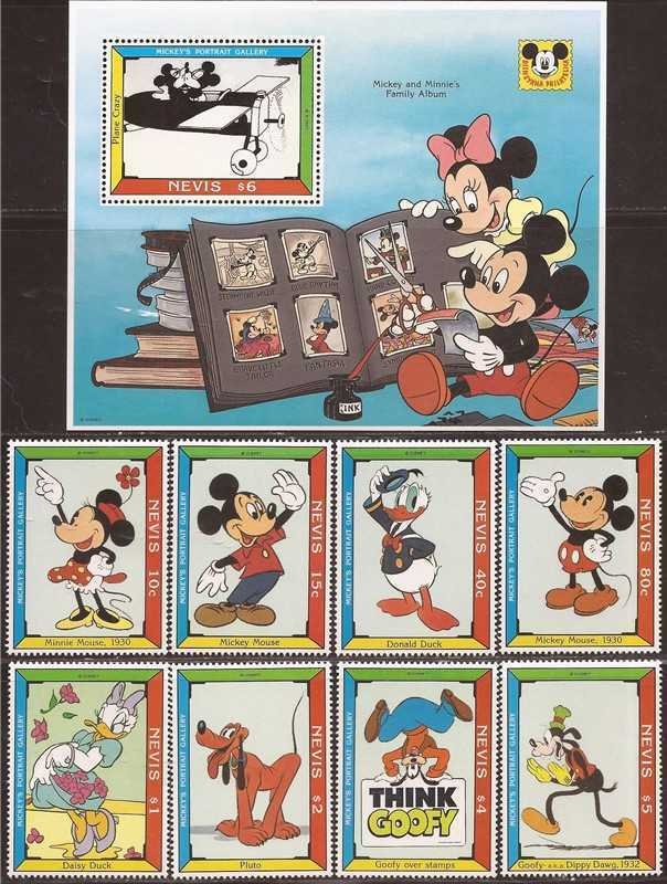 Nevis - 1992 Disney Mickey Portrait Gallery - 8 Stamp Set + 2 S/S - Scott #740-9