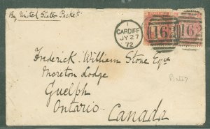 United Kingdom  Two stamps - Okay condition - Cardiff, JY 27.72 to Guelph, Ontario, Canada.  Marked Plate 7.