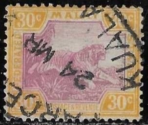 Federated Malay States 1929 Used Stamp Scott #68 Tiger 30 Cents