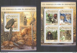 2017 Djibouti Endangered Animals Birds Wild Cats #1483-86+Bl573 ** Fd1124