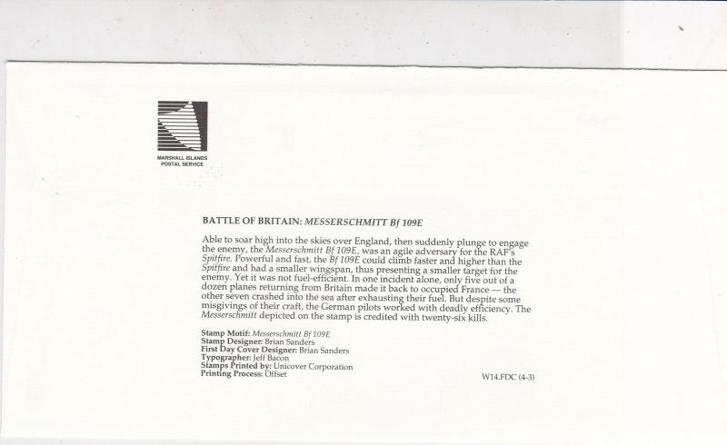 Marshall Islands 1990 Battle of Britain Planes Pic + Stamp FDC Cover Ref 32040