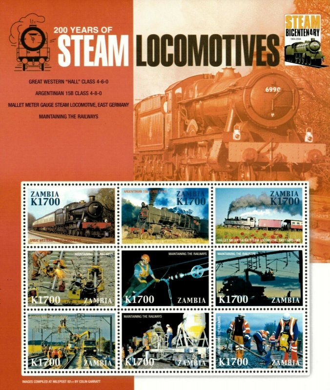 Zambia 2005 - Steam Trains Bicentenary - Sheet of 9 Stamps - Scott #1074 - MNH