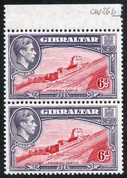 Gibraltar KGVI SG126c 6d Scarlet & Grey Violet Perf 13 Marginal Pair Superb U/M