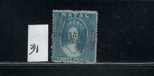 NATAL SCOTT #31 1869 POSTAGE OVERPRINT- 3P (BLUE) - USED
