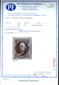 U.S. #1 USED WITH PF CERT MANUSCRIPT CANCEL, NICE MARGINS