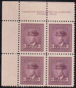 Canada 1943 MH Sc #252 3c George VI, rose violet Plate 13 UL Block of 4