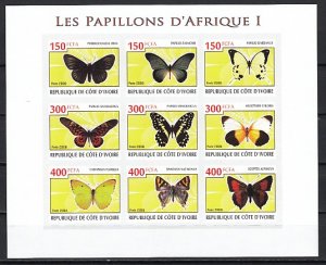 Ivory Coast. 2009 Cinderella issue. Butterflies, IMPERF sheet of 9.  # 1. ^