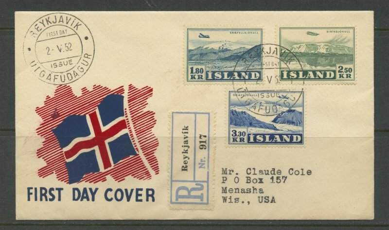 ICELAND SCOTT# C27-29 LANDSCAPES REGISTERED FDC TO WISCONSIN AS SHOWN