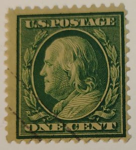 #357 -1909 1¢ used Franklin, Green on Bluish Paper.  Free Shipping. SCV $160.00