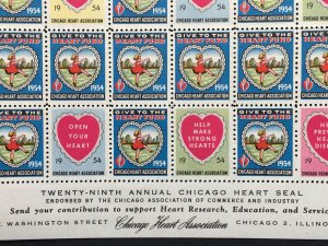 1954 Chicago Heart Association Seal Label, Cinderella Stamp Full Sheet of 100