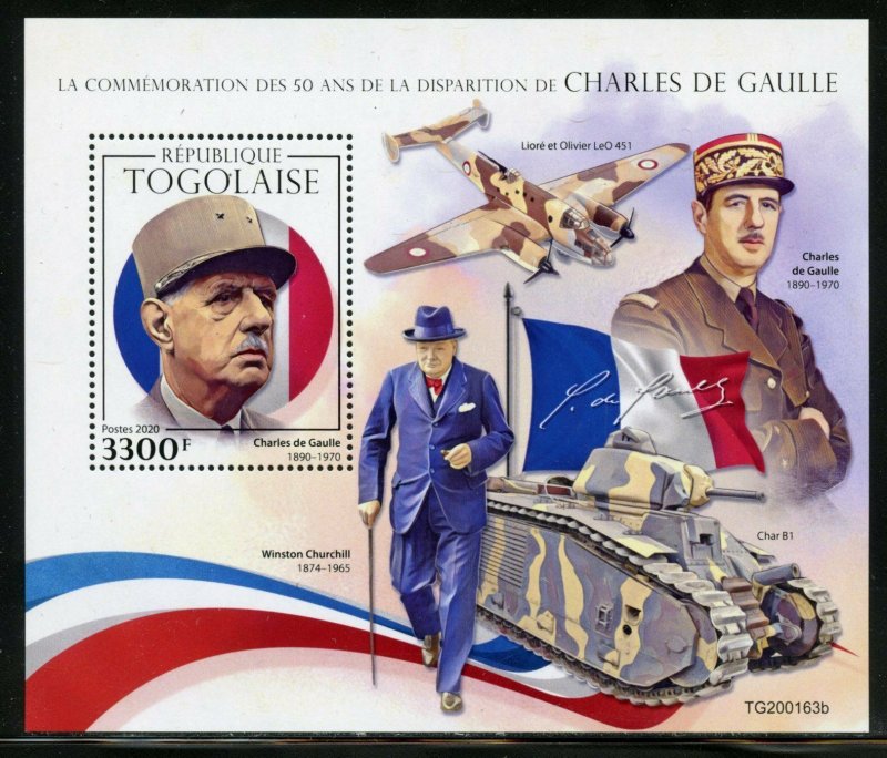 TOGO 2020 50th MEMORIAL ANN OF CHARLES deGAULLE WITH CHURCHILL S/SHEET  MINT NH