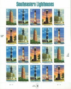 US: 2002 SOUTHEASTERN LIGHTHOUSES; Complete Sheet Sc 3787-91; 37 Cents Values