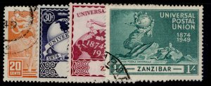 ZANZIBAR GVI SG335-338, anniversary of UPU set, FINE USED. Cat £13.