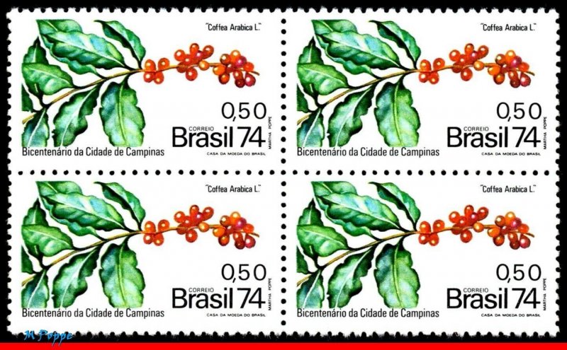 1366 BRAZIL 1974 BRANCH OF COFFEE, CAMPINAS CITY, PLANTS, RHM C-863 BLOCK MNH