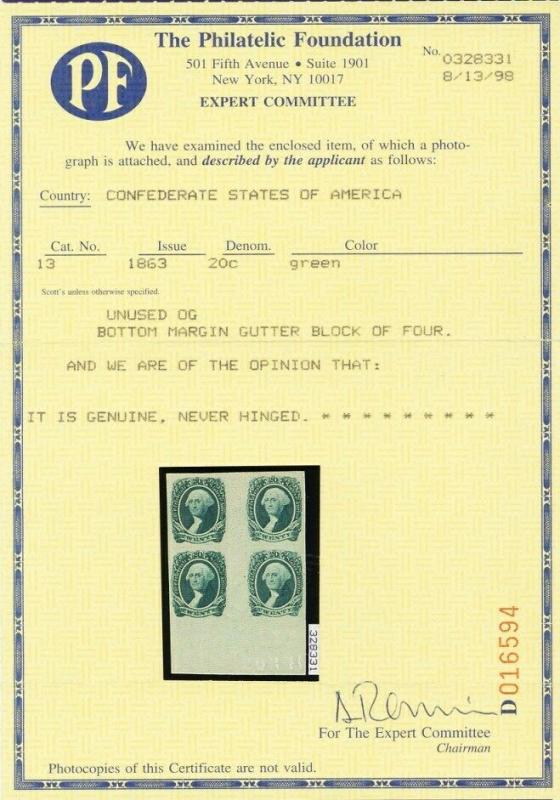 CSA 13, XF NH Gutter Block of Four VERY RARE! With PFC Cat $700.00++ Stuart Katz