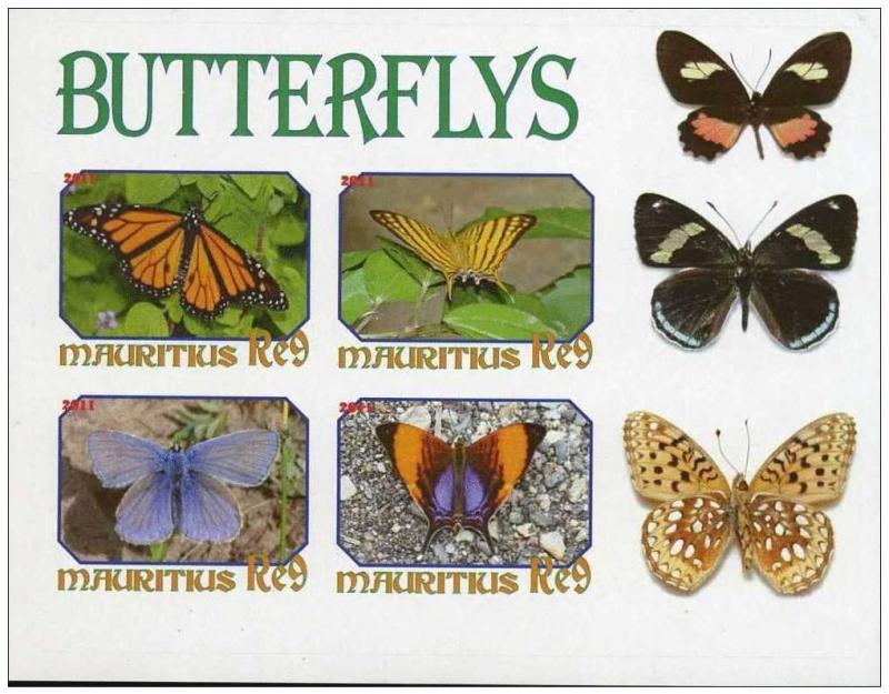 MAURITIUS SHEET IMPERF CINDERELLA BUTTERFLIES INSECTS