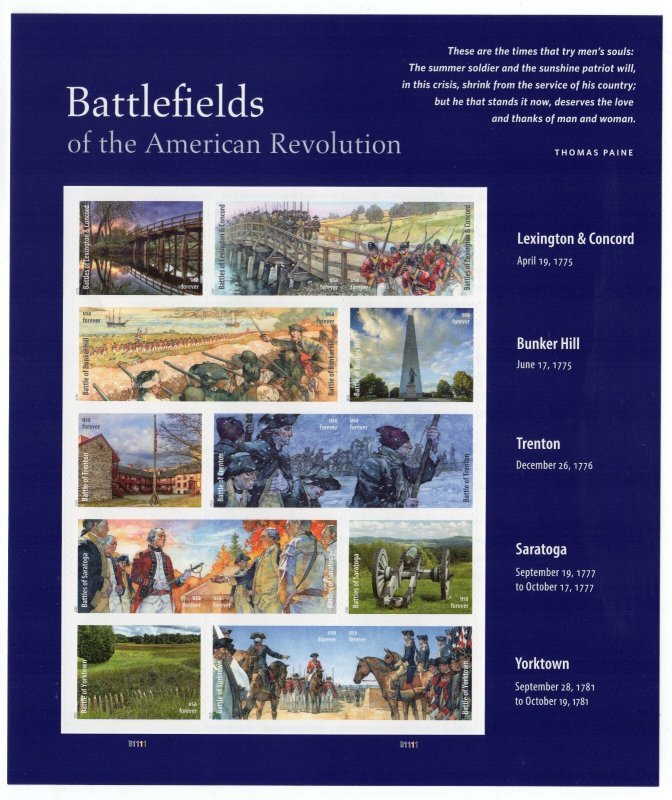 USPS Battlefields of the American Revolution Sheet of 15 Stamps - MNH