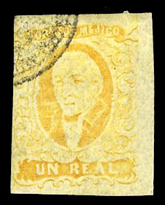 Mexico #2c, 1856 1r yellow, without overprint, used, large margins