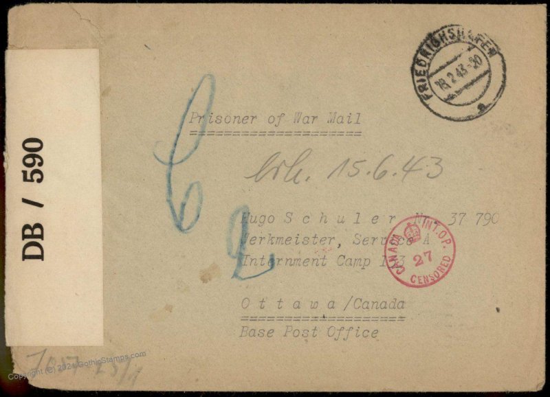 Germany WWII Kriegsgefangenen POW Ottawa Canada Cover G80889