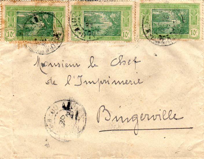 Ivory Coast 10c River Scene (3) 1925 Aboisso, Cote - D'Ivoire to Bingerville....