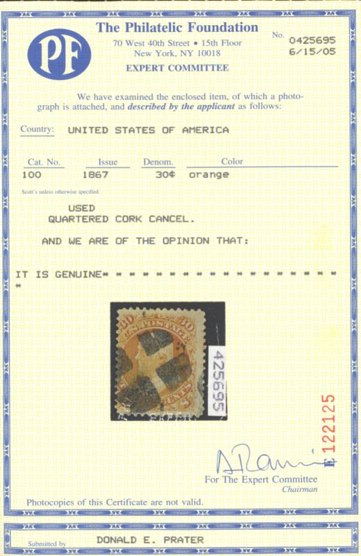 U.S. #100 USED WITH PF CERT