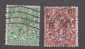 Great Britain # 153-154, King George V, Perfins, Used,