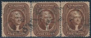 #30A 5¢ BROWN STRIP OF 3 VF+ USED CV $1,000.00 HV7567