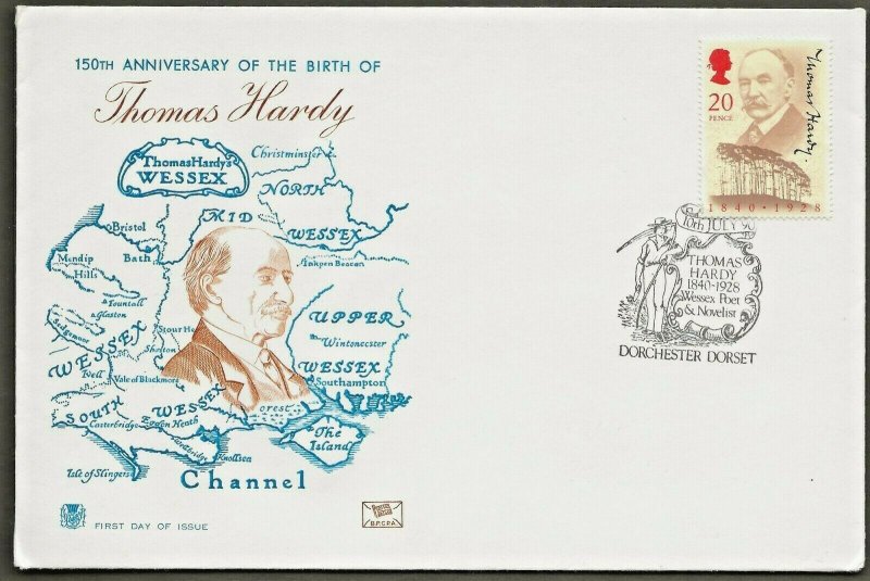 10/7/1990 THOMAS HARDY UNUSUAL PICTORIAL POSTMARK FDC