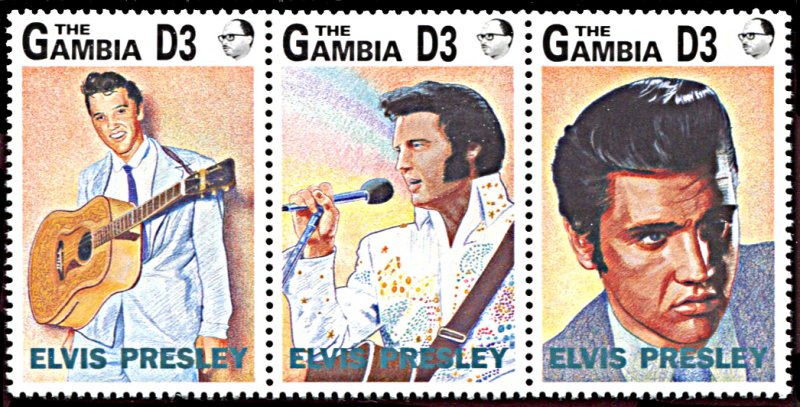 Gambia 1347, MNH, 15th Anniversary Death of Elvis Presley strip of 3