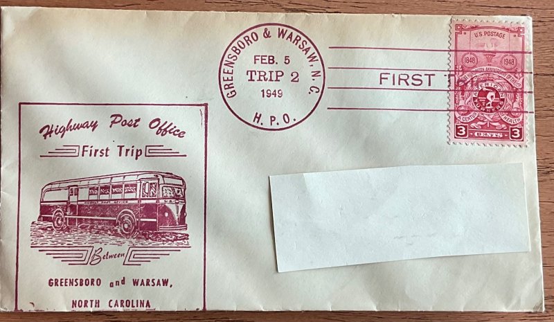 US #979 HPO Highway Post Office Toned Cover NC 2/5/1949 Trip 2 L19