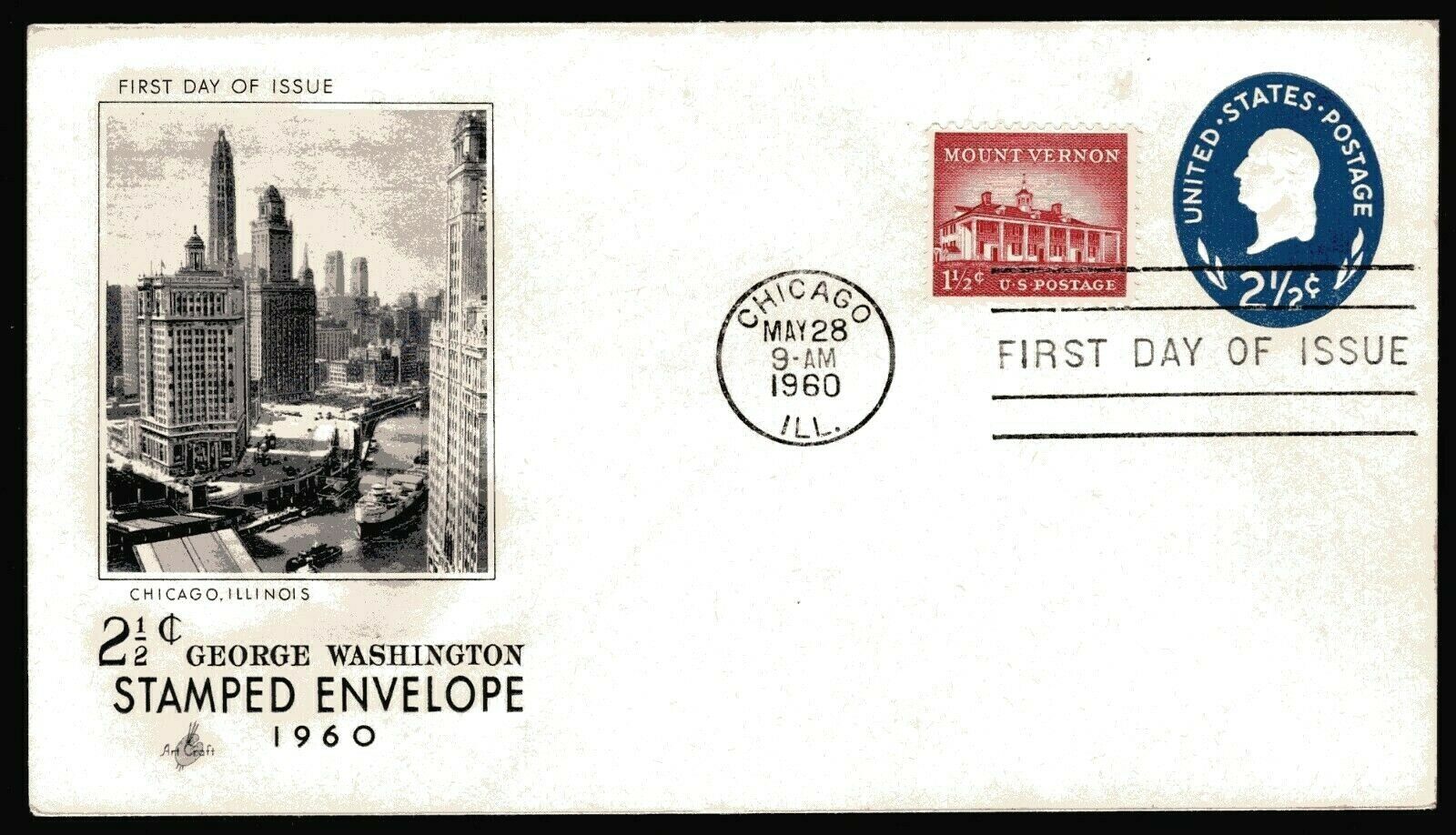 U542 2 1/2c George Washington Emb. Envelope FDC Artcraft cachet