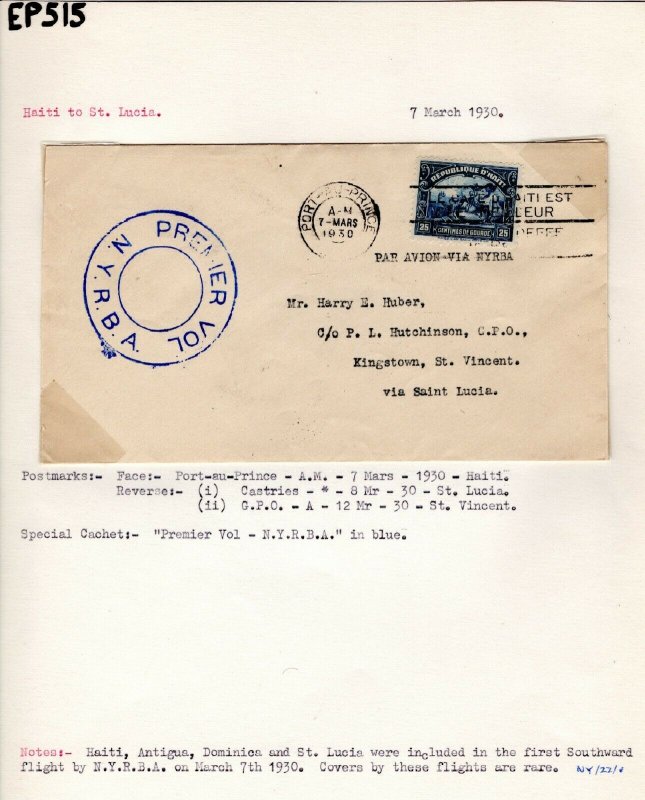 HAITI First Flight Cover ST LUCIA Air 1930 *NYRBA* Premier Vol Cachet RARE EP515
