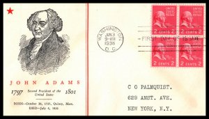 1938 Prexy Sc 806-2 2c with Linprint cachet Presidential Series Adams (AE