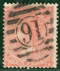 GB QV Stamp SG.82 4d Pale Red (Hairlines, Plate 4) London Used Cat £150- XRED134