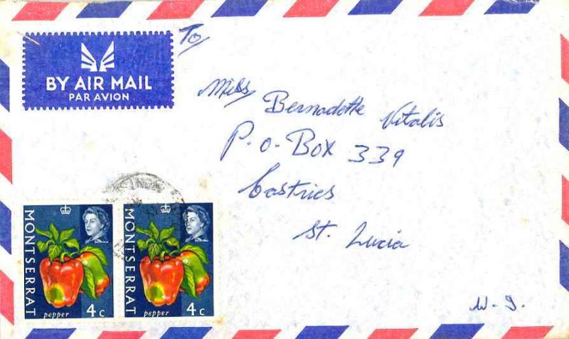 Montserrat 4c QEII Pepper (2) 1968 G.P.O. Plymouth, Montserrat Airmail to Cas...