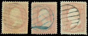 Scott #65, LOT/3 Different But Similar CIRCULAR GRID Fancy Cancels! 1 in Blue!