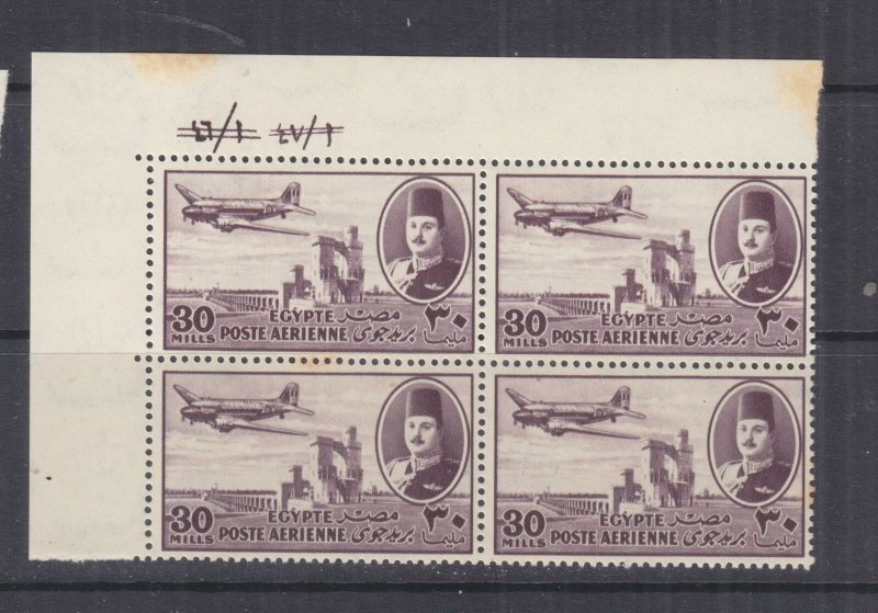 EGYPT, 1947 Air, 30m. Purple, Plate # block of 4, mnh.