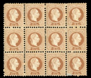 Austria #38 Cat$252+, 1877 15kr brown, block of twelve, never hinged, lower r...