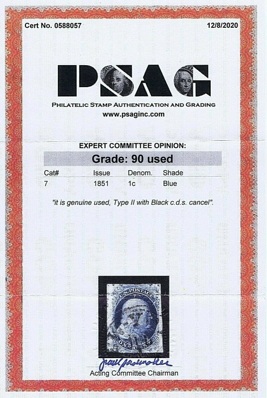 SC# 7 USED 1 CENT FRANKLIN, PARTIAL CDS CANCEL 1851, 2020 PSAG CERT GRADED 90 XF