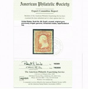 GENUINE SCOTT #88 VF-XF MINT OG H APS CERT 1868 ROSE NBNC WELL DEFINED E-GRILL