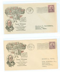 US 725 1932 3c Daniel Webster statesman, singles on two addressed first day covers with matching Ioor cachets and two different